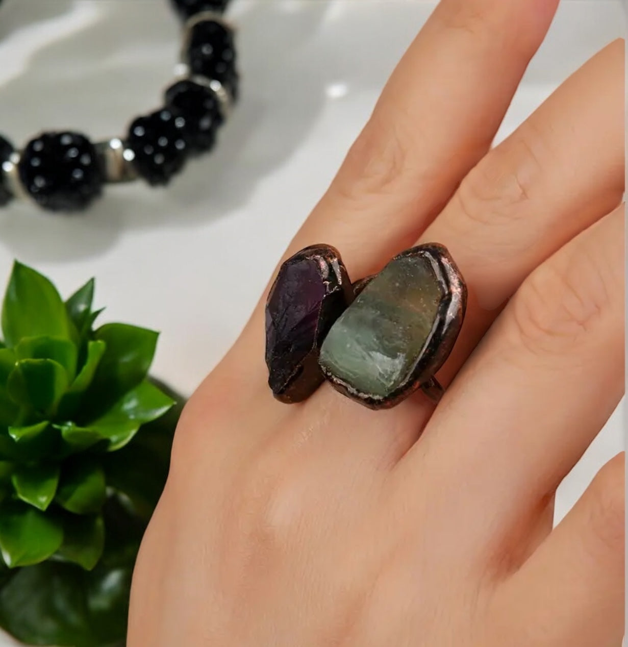 Raw Fluorite & Amethyst Copper Ring – Adjustable Crystal Statement Piece