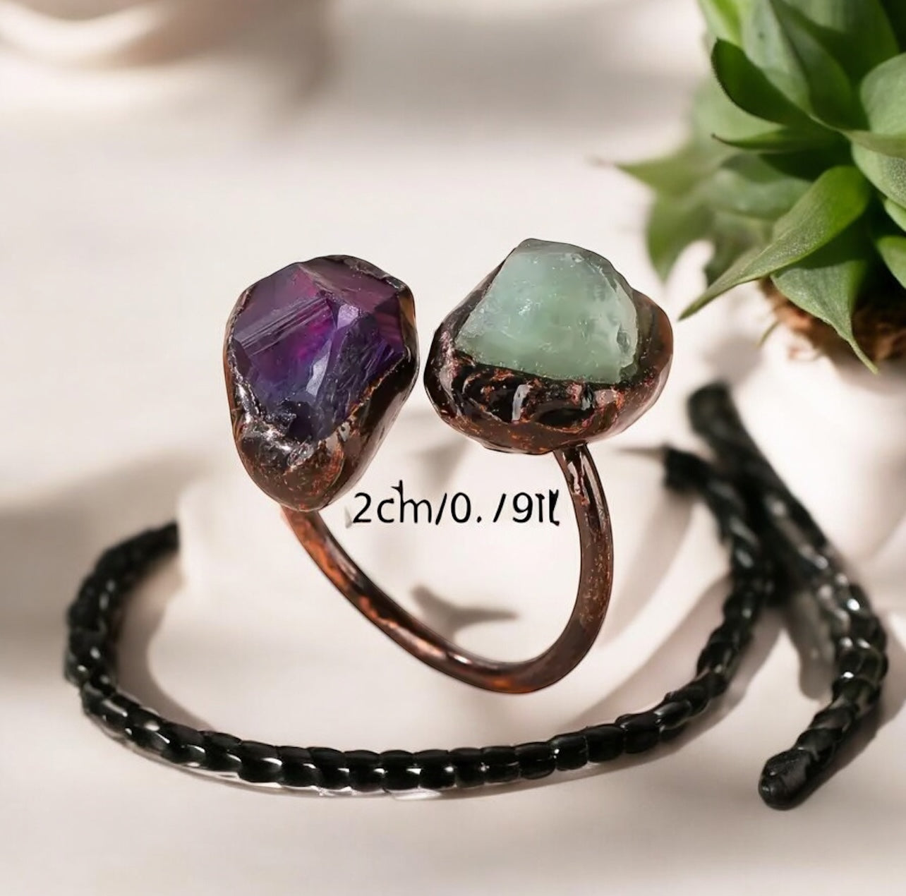 Raw Fluorite & Amethyst Copper Ring – Adjustable Crystal Statement Piece