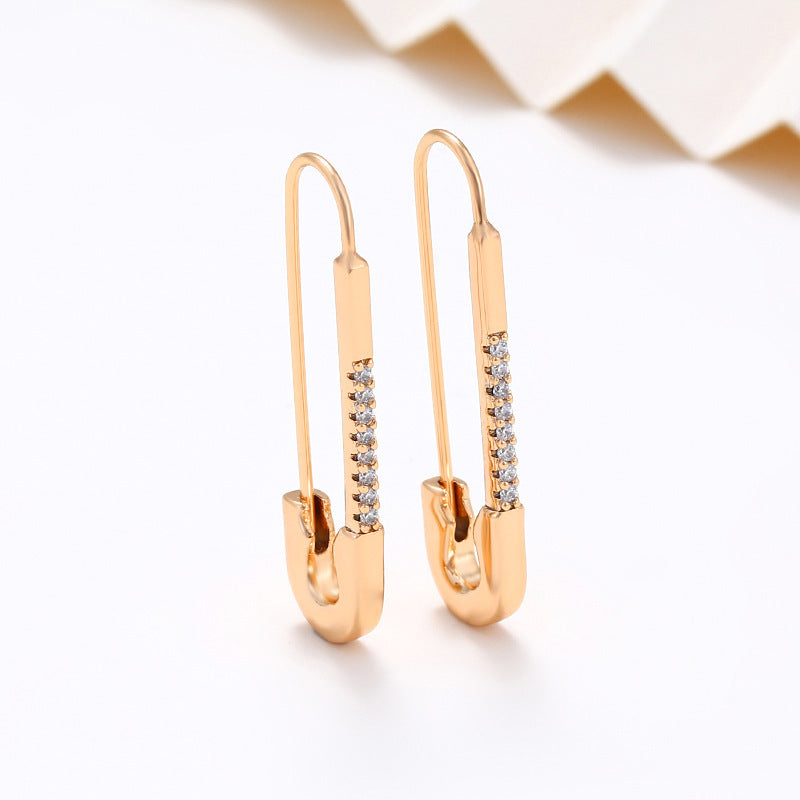 18K Gold Plated Safety Pin Drop Earrings with Crystals, Minimalist Geometric Dangle
