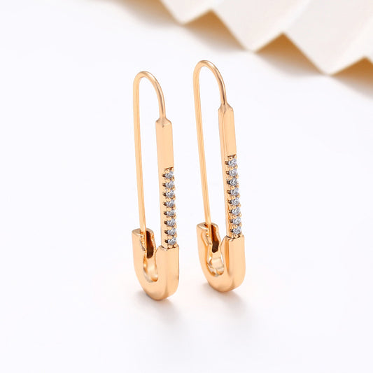 18K Gold Plated Safety Pin Drop Earrings with Crystals, Minimalist Geometric Dangle
