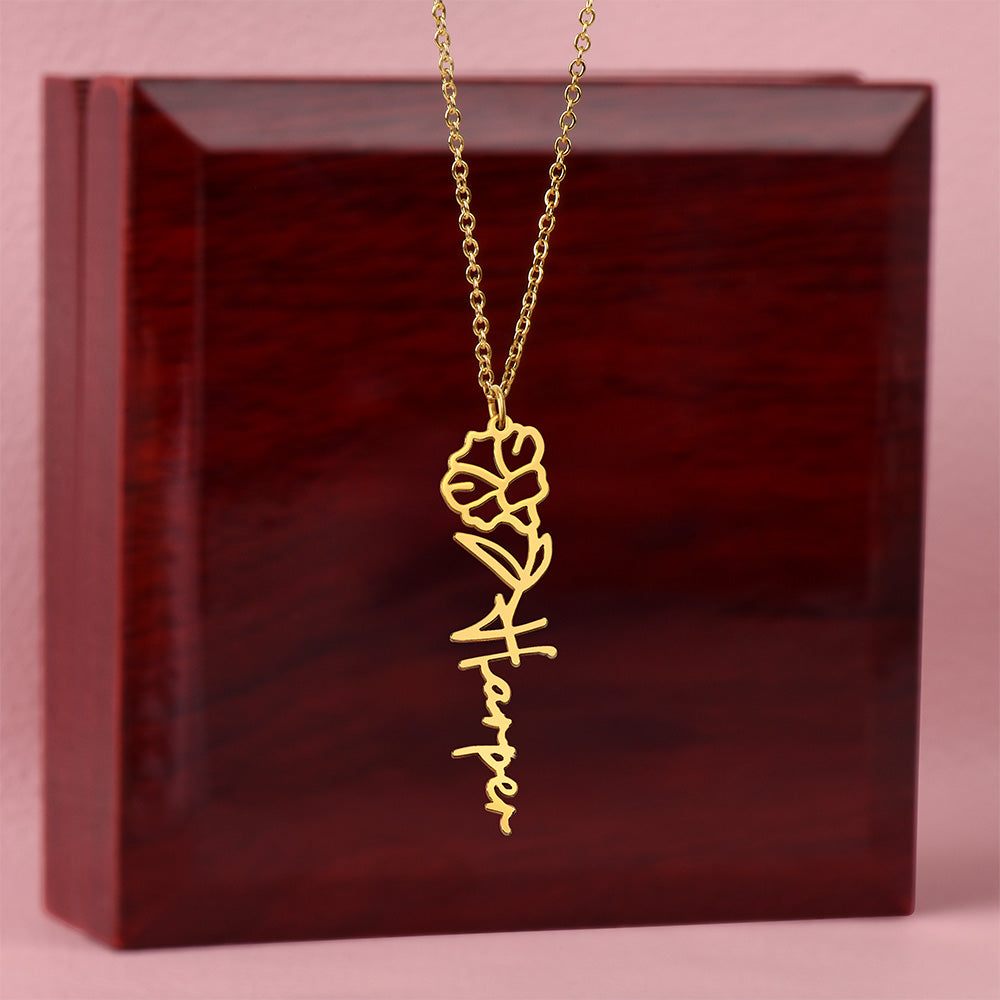 Personalized Birth Flower Name Necklace – Custom Engraved Jewelry with Your Birth Month Flower