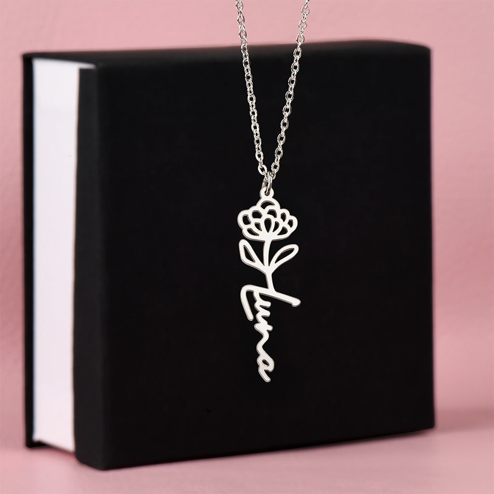 Personalized Birth Flower Name Necklace – Custom Engraved Jewelry with Your Birth Month Flower