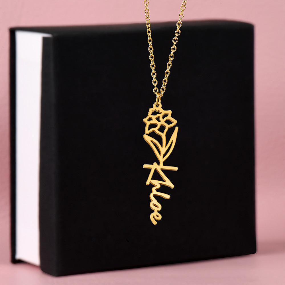 Personalized Birth Flower Name Necklace – Custom Engraved Jewelry with Your Birth Month Flower