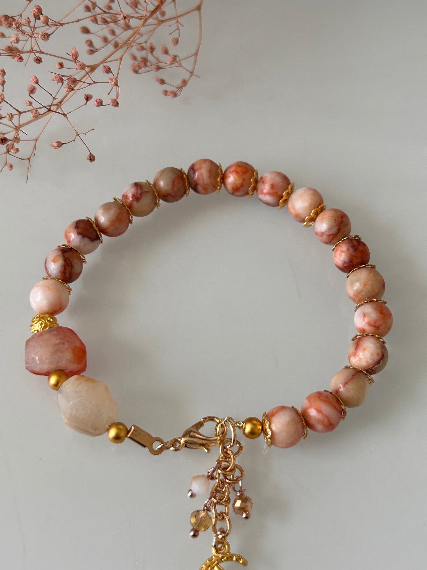 18CM Red Network Jasper - Pink Flower Agate - Forte Gemstone Beads - Orange and white marbled 8mm - Lurex Cord Bracelet - Crystal Bracelet