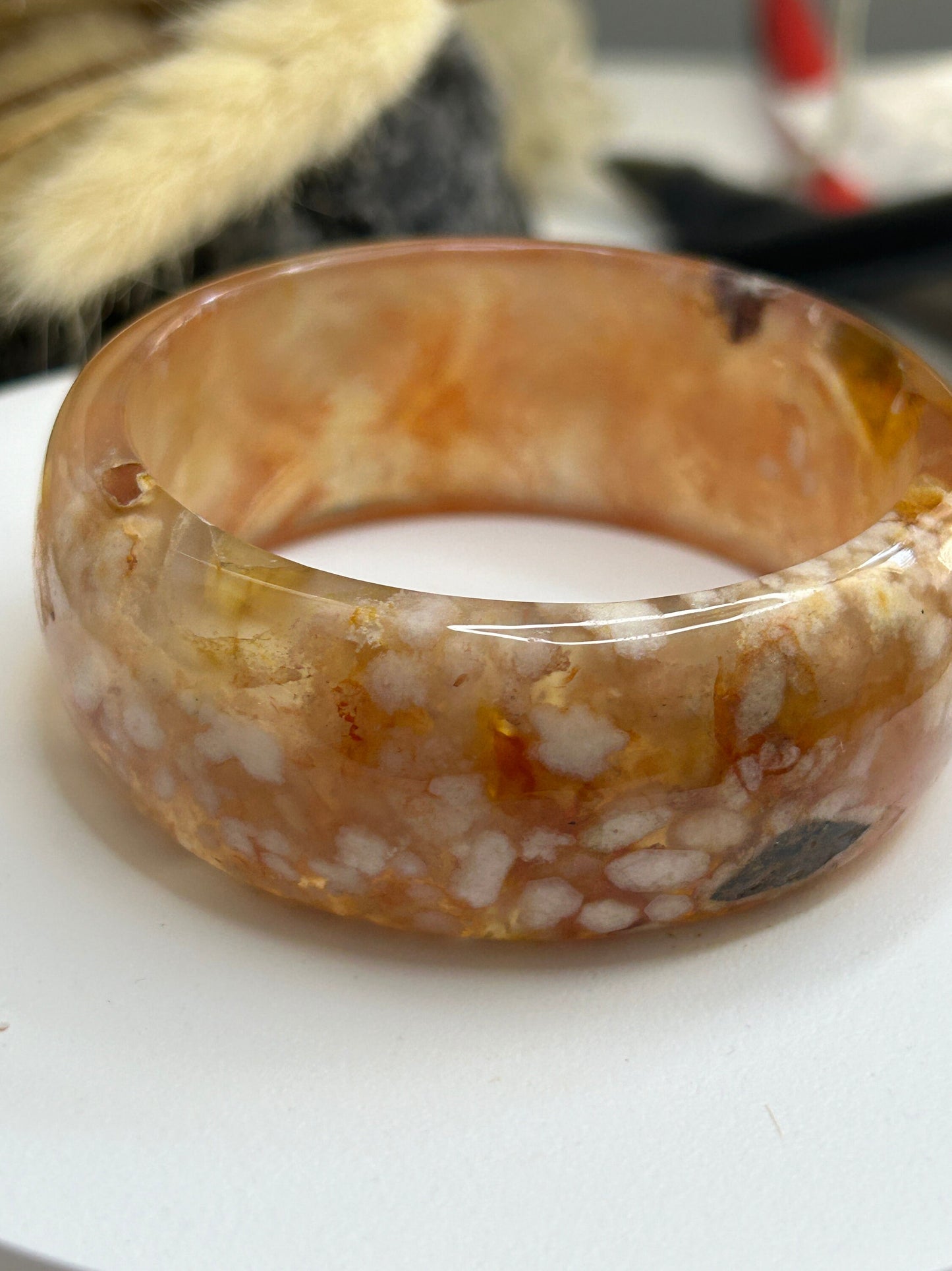 Sakura Bangle Small 54.3mm/6.75"in Cherry Blossom Madagascar Agate Crystal Quartz Gemstone Healing Chakra (White, Pink, Light Red, Yellow)