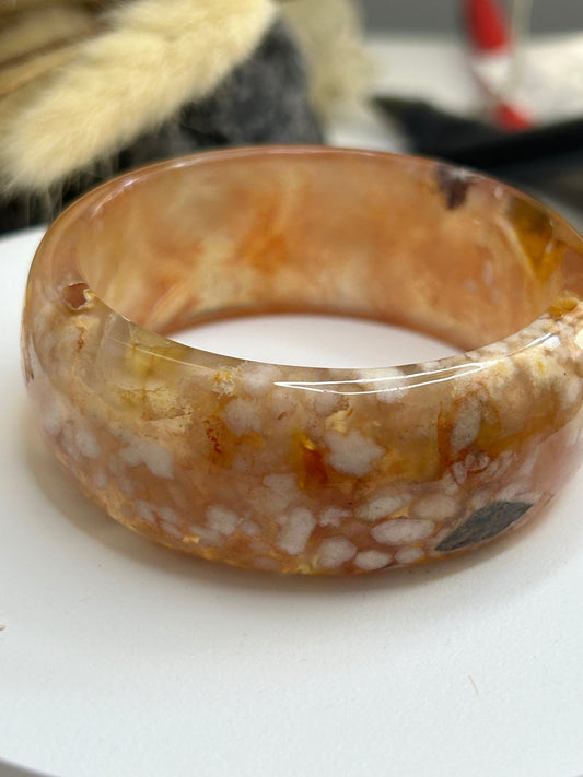 Sakura Bangle Small 54.3mm/6.75"in Cherry Blossom Madagascar Agate Crystal Quartz Gemstone Healing Chakra (White, Pink, Light Red, Yellow)