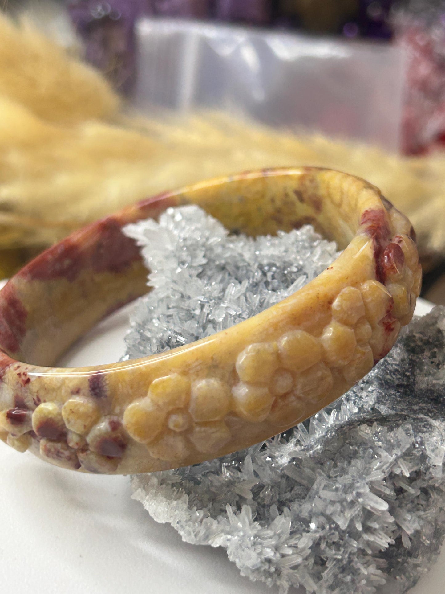 Small size 56.1 mm Bangle Red Flower Bakelite Deep Carved | Coral Jade |  Bangle Bracelet | Gift for her |Flower Carved | Crystal Bangle