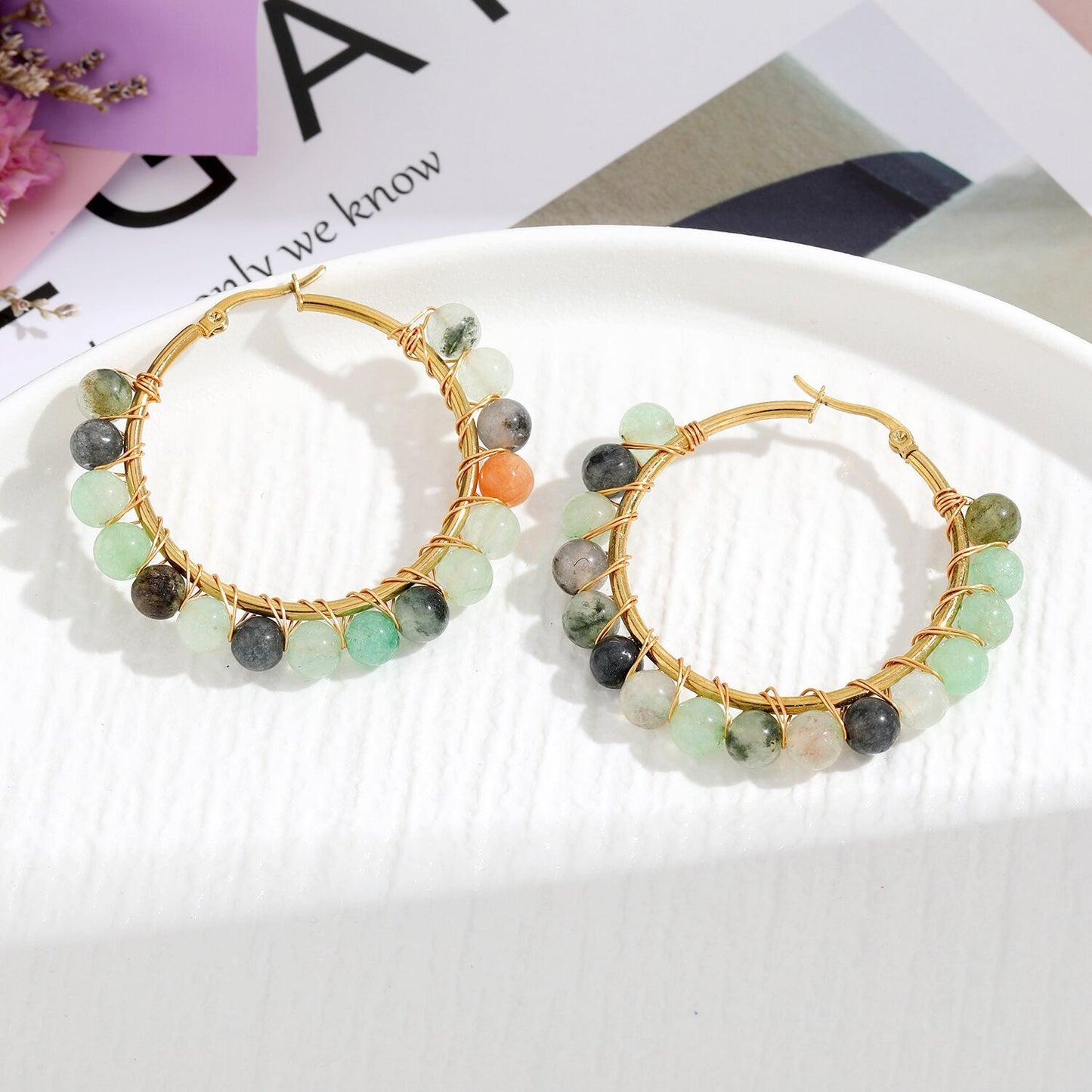Natural Stone Stainless Steel Winding Earrings