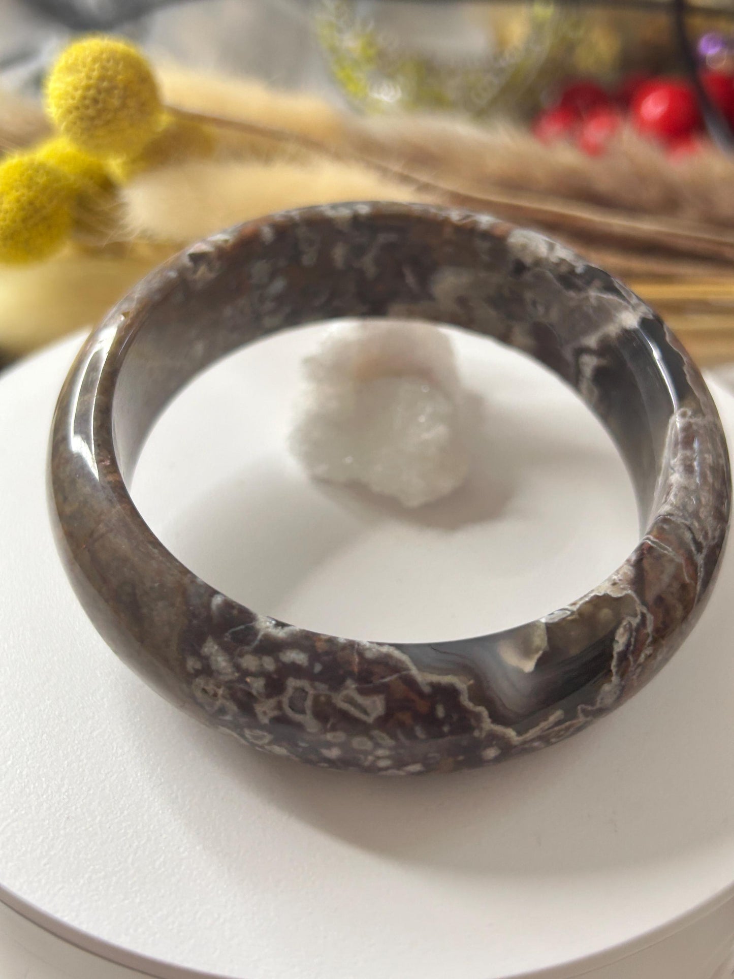 Moravato Ocean Jasper Bangle Bracelet With Orb Flowers -63mm Large Wrist Bangle Bracelet, Natural Crystal Bangle, Unique Flower-like Pattern