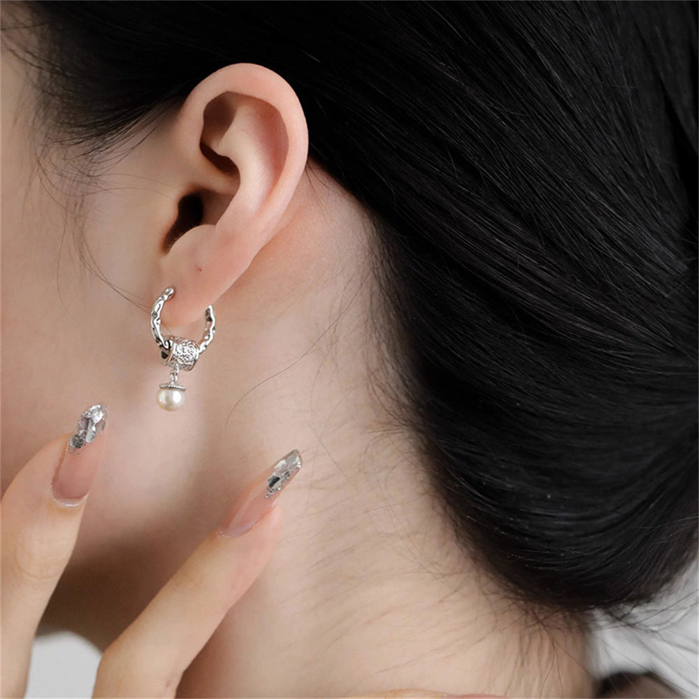 925S Sterling Silver Pearl Drop Earrings - Vintage Inspired Hoops Earring with Engraved Detailing, Elegant