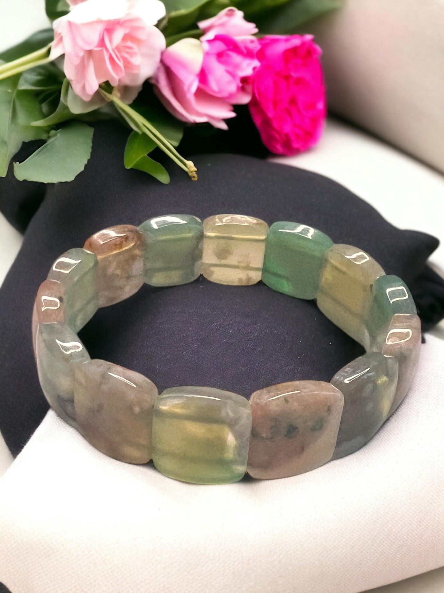 Green Flower Agate Soft Bangle Bracelet With Green Flower Agate | Sakura Flower Agate | Crystal Soft Bangle | Agate Bangle | Gift for her
