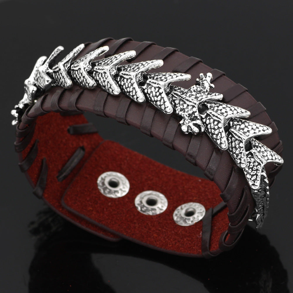 Viking Dragon Leather Bracelet – Stainless Steel Dragon Centerpiece on Thick Hand-Stitched Leather Cuff