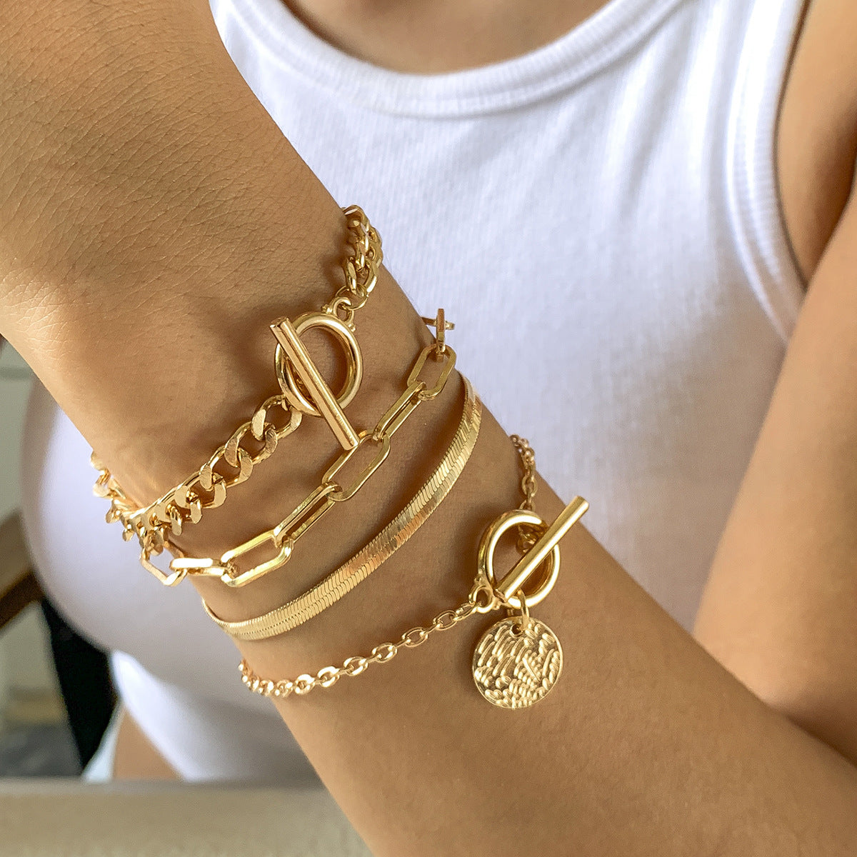 Metal Chain Bracelet Set – Hollow Wind Link & Snake Bone Bracelets, Silver Layered Stack, Minimalist Statement Jewelry for Women