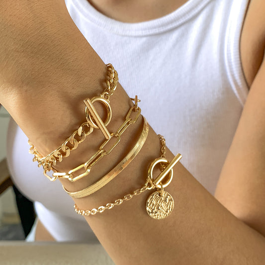 Metal Chain Bracelet Set – Hollow Wind Link & Snake Bone Bracelets, Silver Layered Stack, Minimalist Statement Jewelry for Women
