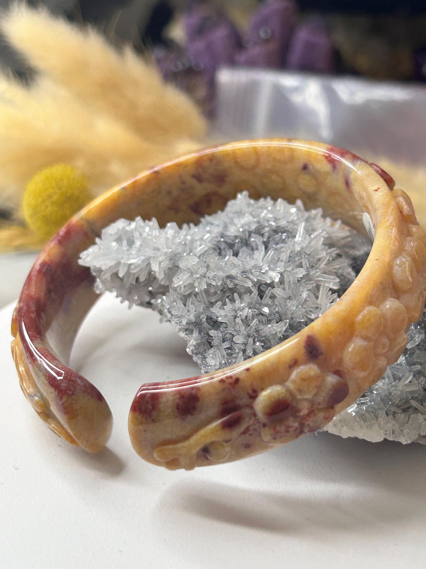 Small size 56.1 mm Bangle Red Flower Bakelite Deep Carved | Coral Jade |  Bangle Bracelet | Gift for her |Flower Carved | Crystal Bangle