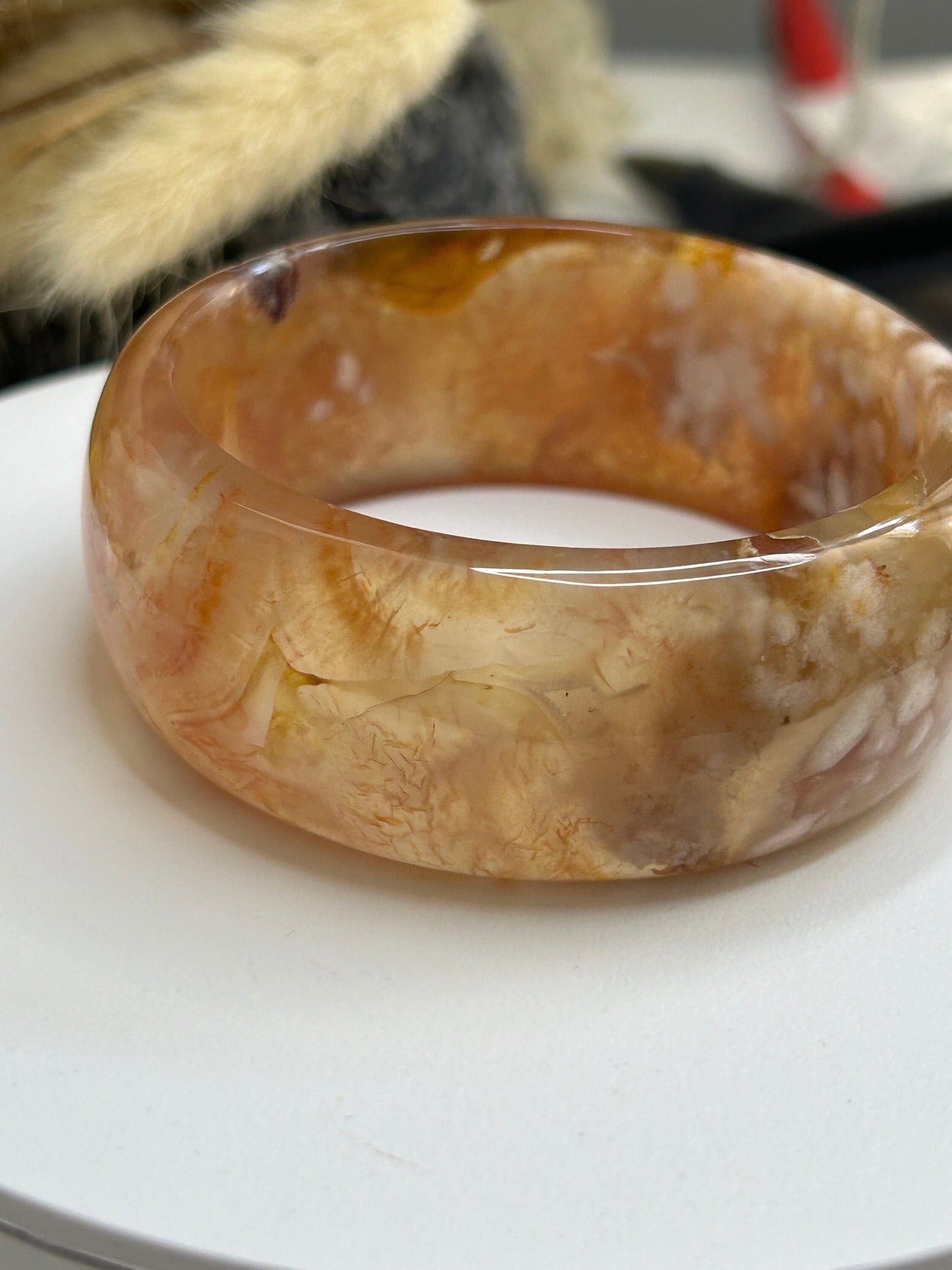 Sakura Bangle Small 54.3mm/6.75"in Cherry Blossom Madagascar Agate Crystal Quartz Gemstone Healing Chakra (White, Pink, Light Red, Yellow)