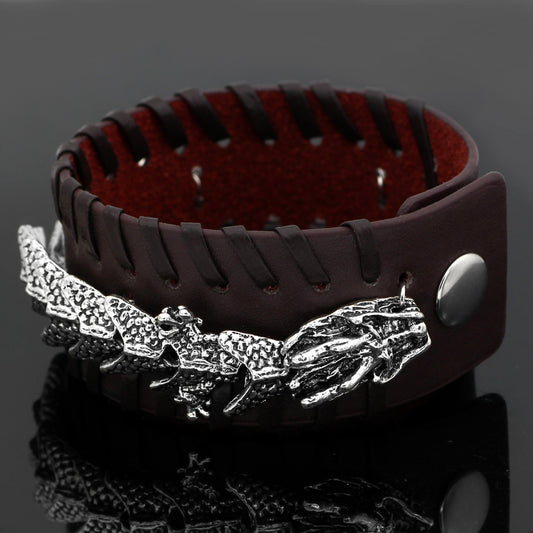 Viking Dragon Leather Bracelet – Stainless Steel Dragon Centerpiece on Thick Hand-Stitched Leather Cuff