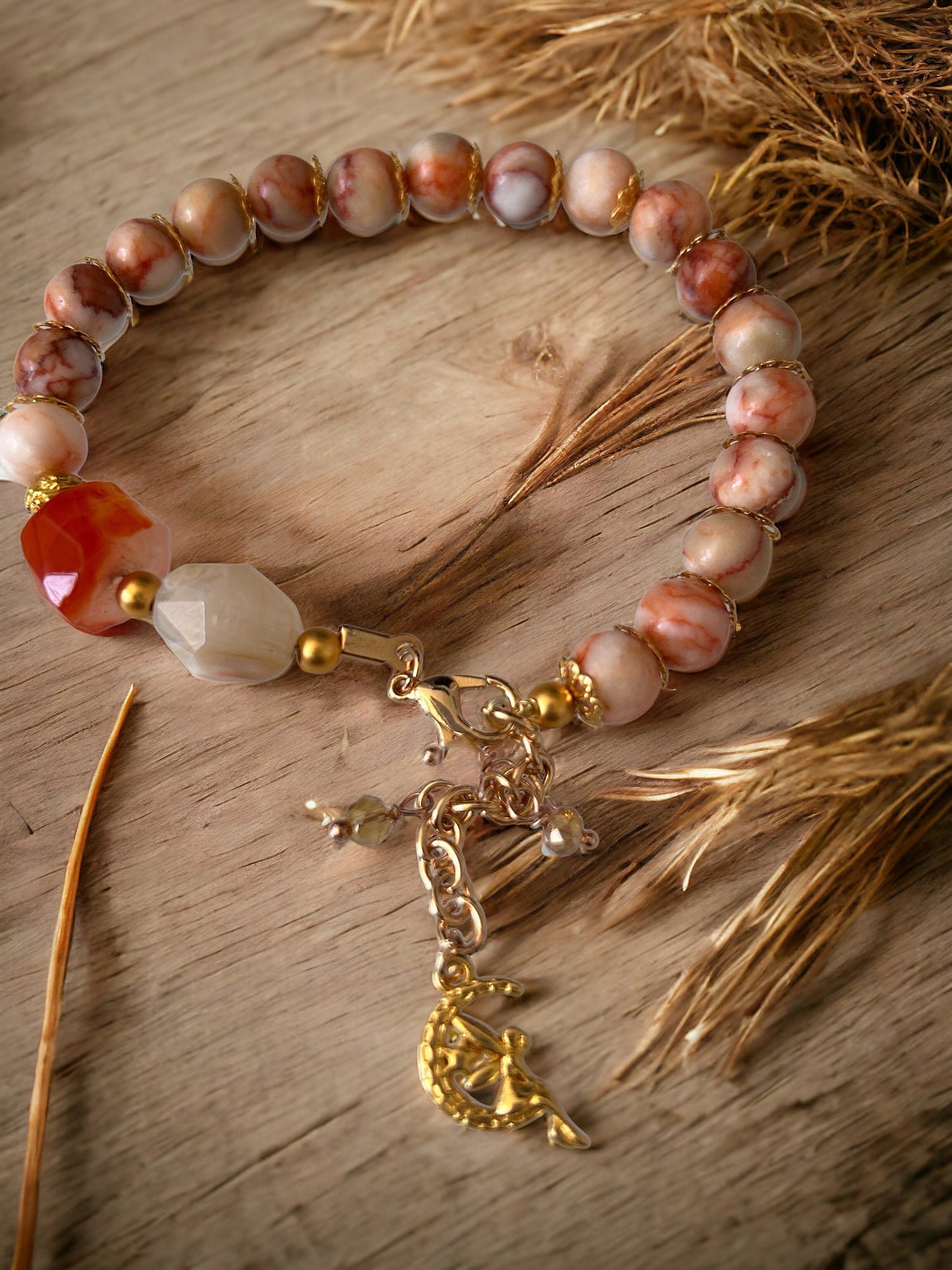 18CM Red Network Jasper - Pink Flower Agate - Forte Gemstone Beads - Orange and white marbled 8mm - Lurex Cord Bracelet - Crystal Bracelet