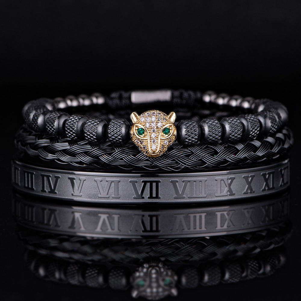 Leopard Head Statement Bracelet – Pineapple Mesh, Pearl Detail, Roman Inspired Design