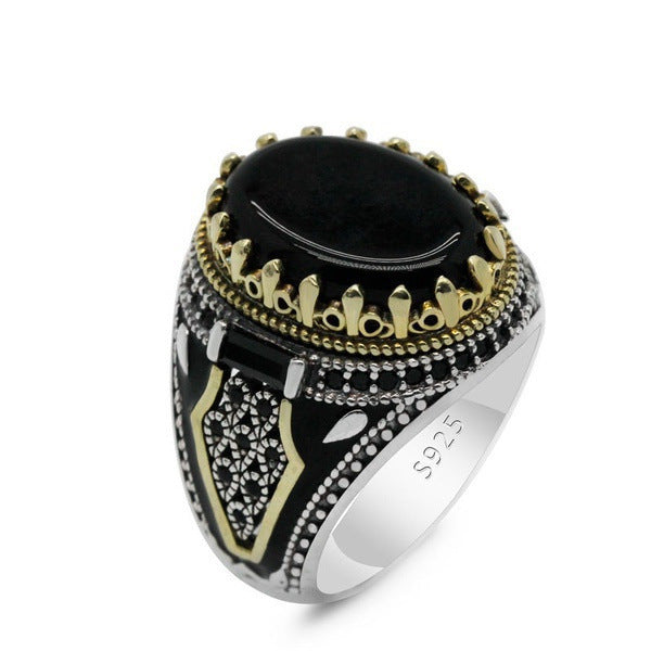 Black Natural Agate Stone Ring 925 Silver Men's Ring