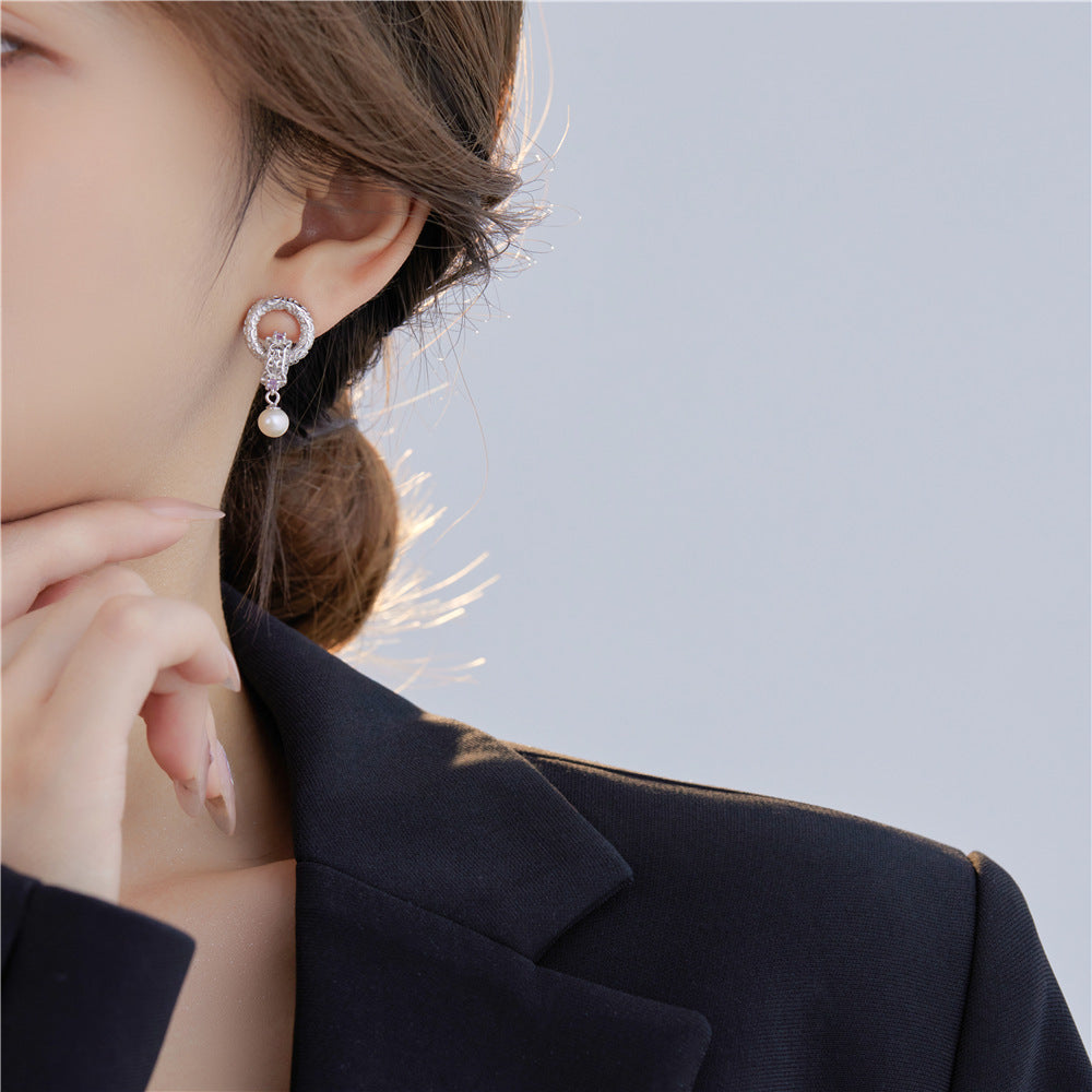 925 Sterling Silver Tang Grass Pattern Earrings With Natural Freshwater Pearl