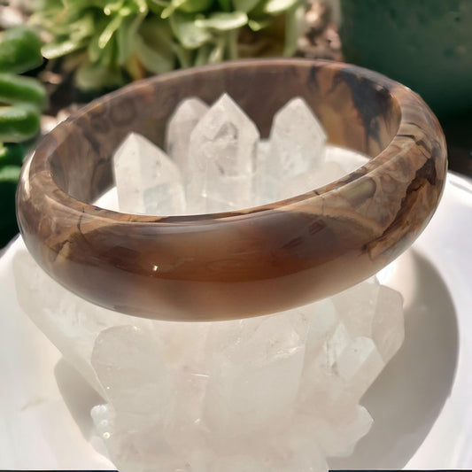 Brown Agate Bangle Bracelet: Natural Translucent Gemstone Jewelry