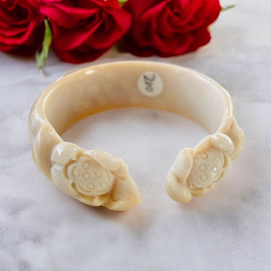 Fossil Coral Jade Bangle: Lotus Flower Carved Bracelet (52.3mm) AA-10003
