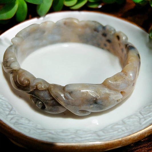 Hand-Carved Coral Jade Dolphin Bangle: Ocean Waves Bracelet (58.2mm)