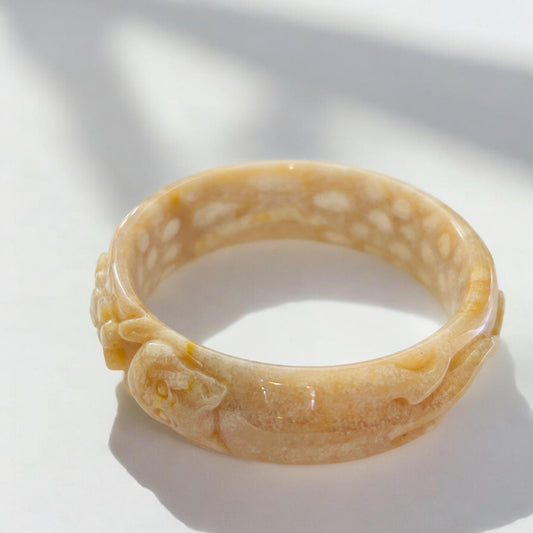 Hand-Carved Coral Jade Bangle: Cat & Flower Design (59.5mm)