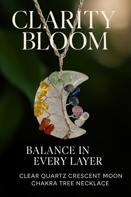 Clear Quartz Crescent Moon Chakra Tree Necklace: Silver Wire Pendant