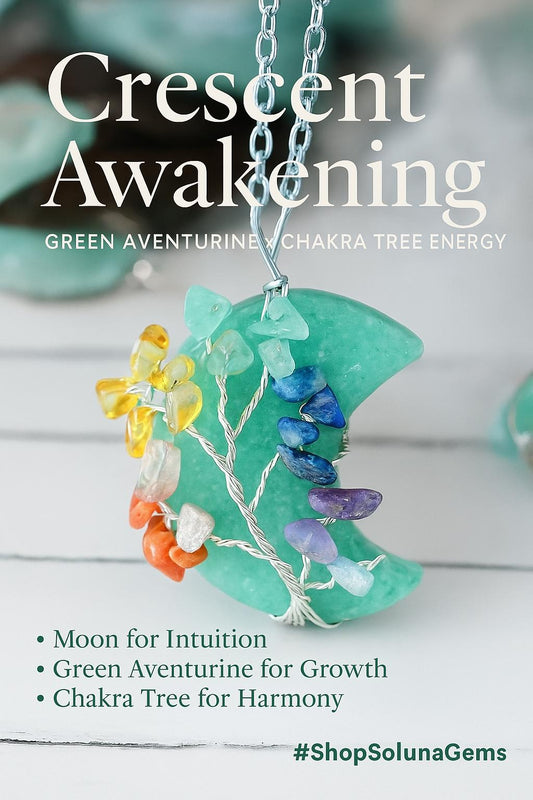Green Aventurine Crescent Moon Necklace: Chakra Tree of Life Pendant