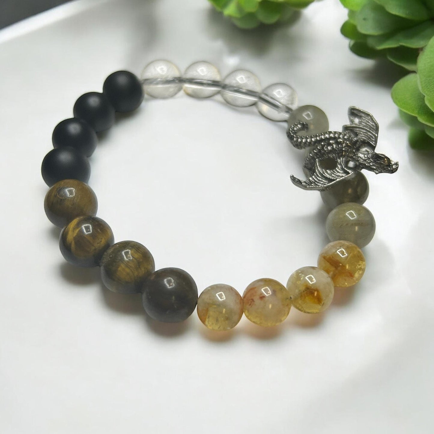 Road Opener Crystal Bracelet: Dragon Charm, Black Onyx, Tiger Eye
