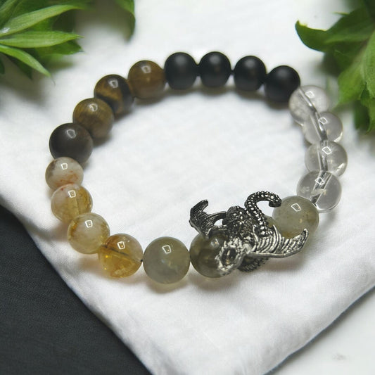 Road Opener Crystal Bracelet: Dragon Charm, Black Onyx, Tiger Eye