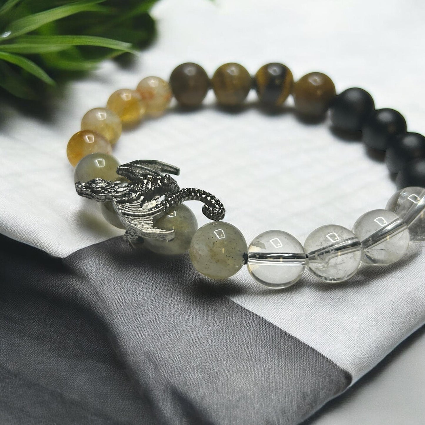 Road Opener Crystal Bracelet: Dragon Charm, Black Onyx, Tiger Eye
