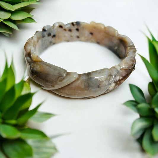 Hand-Carved Coral Jade Dolphin Bangle: Ocean Waves Bracelet (58.2mm)