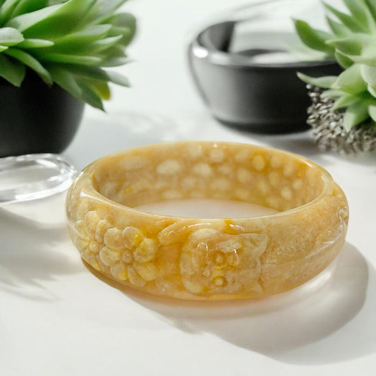 Hand-Carved Coral Jade Bangle: Cat & Flower Design (59.5mm)