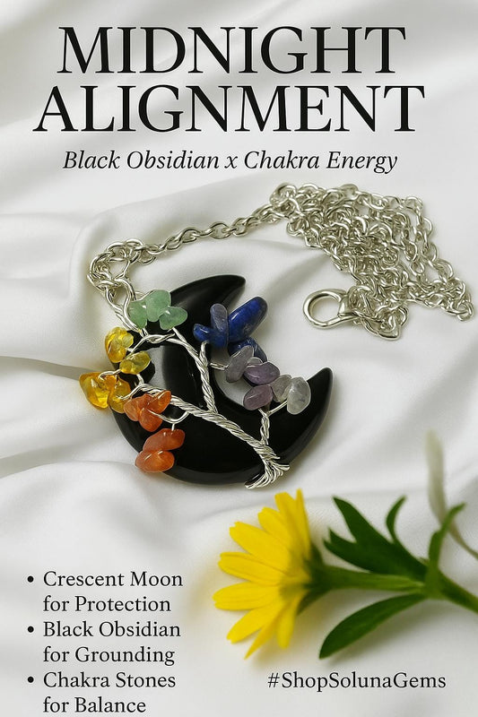 Black Obsidian Crescent Moon Chakra Tree Necklace: Healing Crystal Pendant