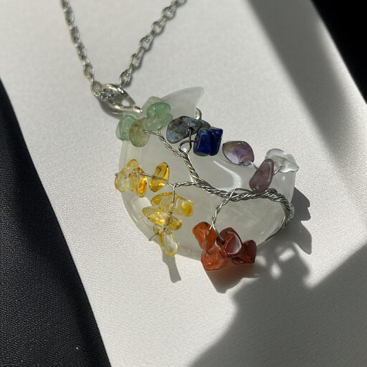 Clear Quartz Crescent Moon Chakra Tree Necklace: Silver Wire Pendant