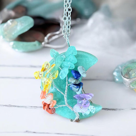 Green Aventurine Crescent Moon Necklace: Chakra Tree of Life Pendant