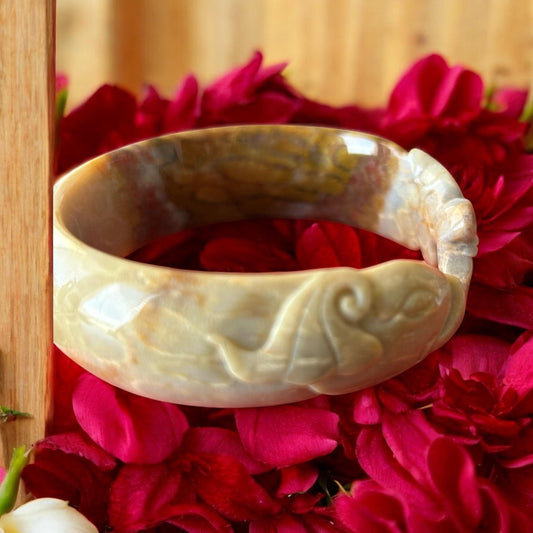 Hand-Carved Coral Jade Elephant Bangle: Symbol of Wisdom - 55.5mm AA-10002