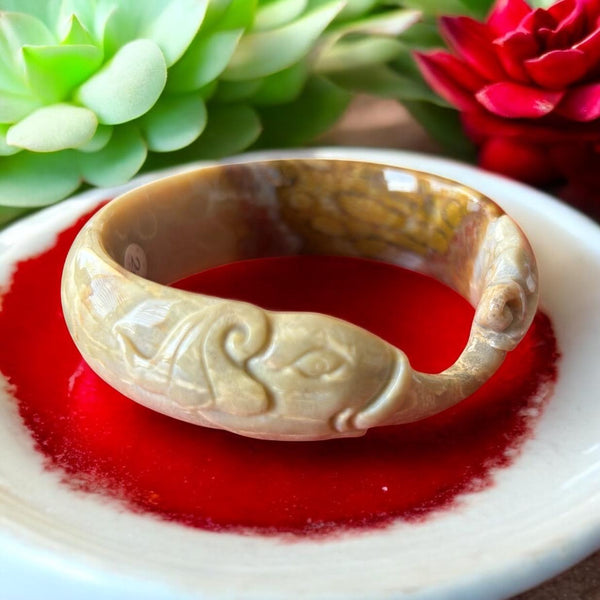 Hand-Carved Coral Jade Elephant Bangle: Symbol of Wisdom - 55.5mm AA-10002