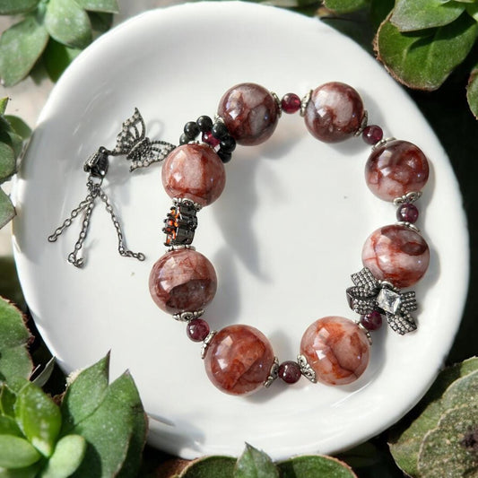 Fire Quartz & Garnet Bracelet: Bold Healing Crystal Jewelry, 6.5"