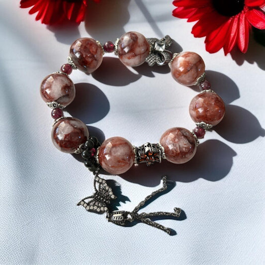 Fire Quartz & Garnet Bracelet: Bold Healing Crystal Jewelry, 6.5"