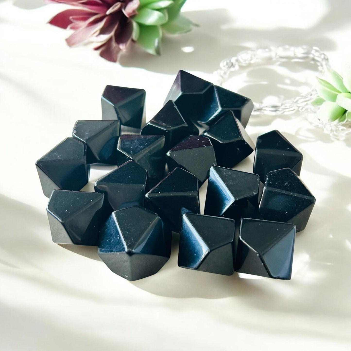 Set of 5 Black Obsidian Pentagonal Bipyramids – Sacred Geometry Tools for Meditation
