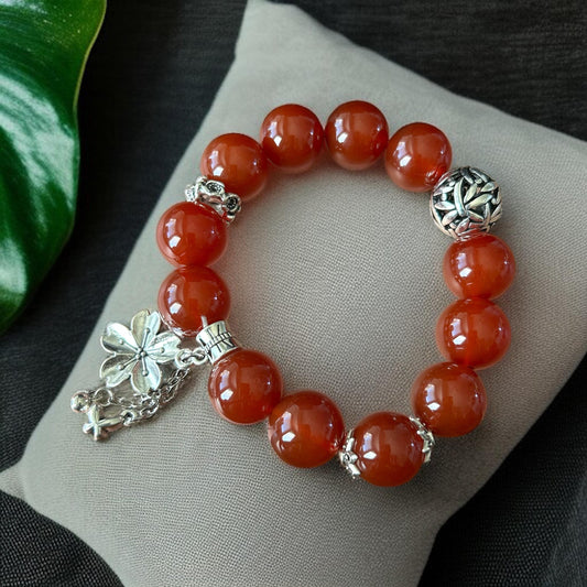 Carnelian Gemstone Bracelet with Silver Charms – Natural Energy Jewelry for Protection and Luck