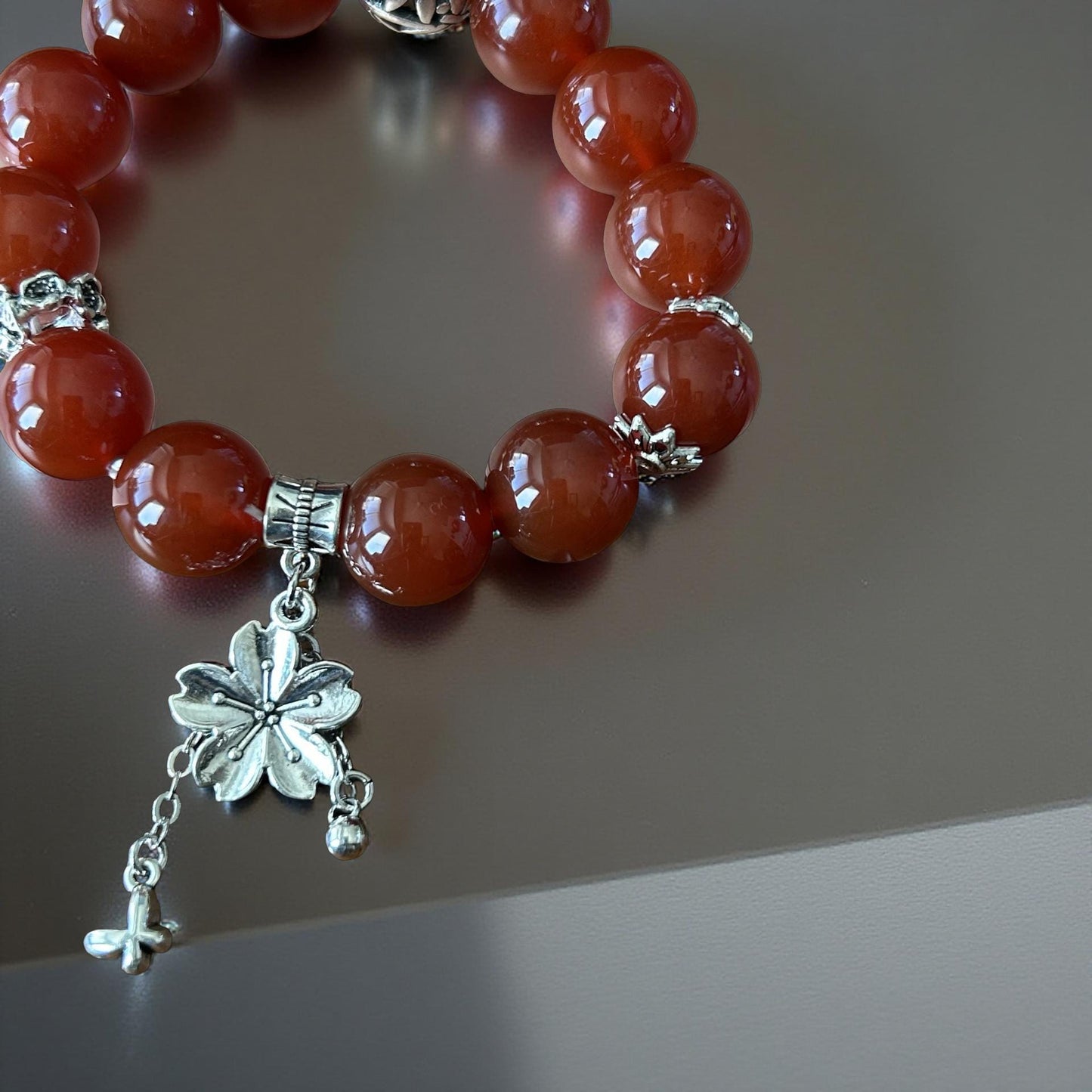 Carnelian Gemstone Bracelet with Silver Charms – Natural Energy Jewelry for Protection and Luck