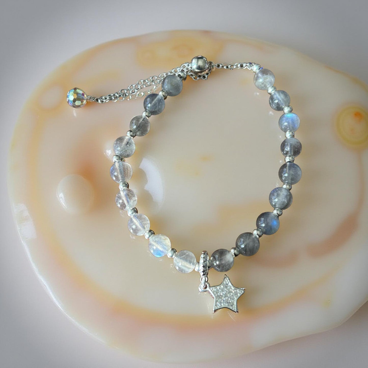 Blue Moonstone Bracelet with Silver Accents – Healing Crystal Jewelry for Intuition & Protection