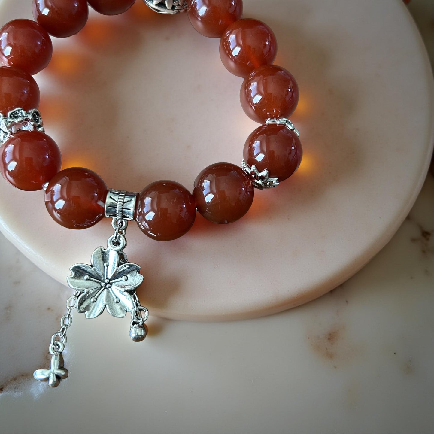 Carnelian Gemstone Bracelet with Silver Charms – Natural Energy Jewelry for Protection and Luck