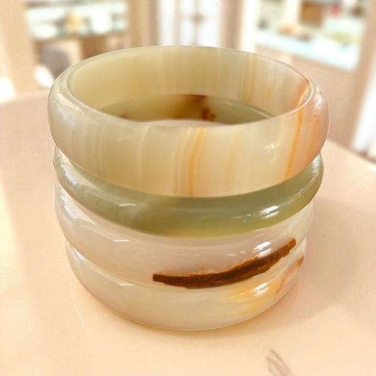 1pc Honey Banded Agate Bangle: Cream & Olive Natural Stone Bracelet