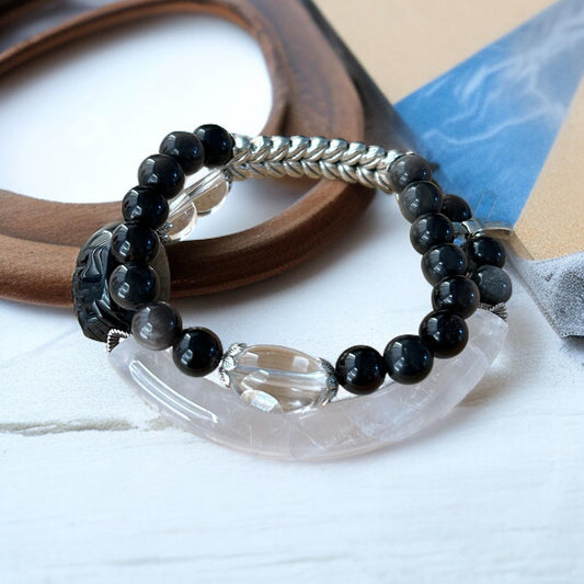 Silver Obsidian Pixiu Prosperity Stack with Clear Quartz